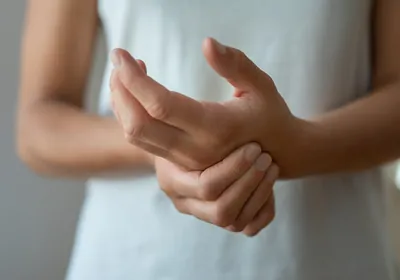 Woman massaging pain in her left wrist.